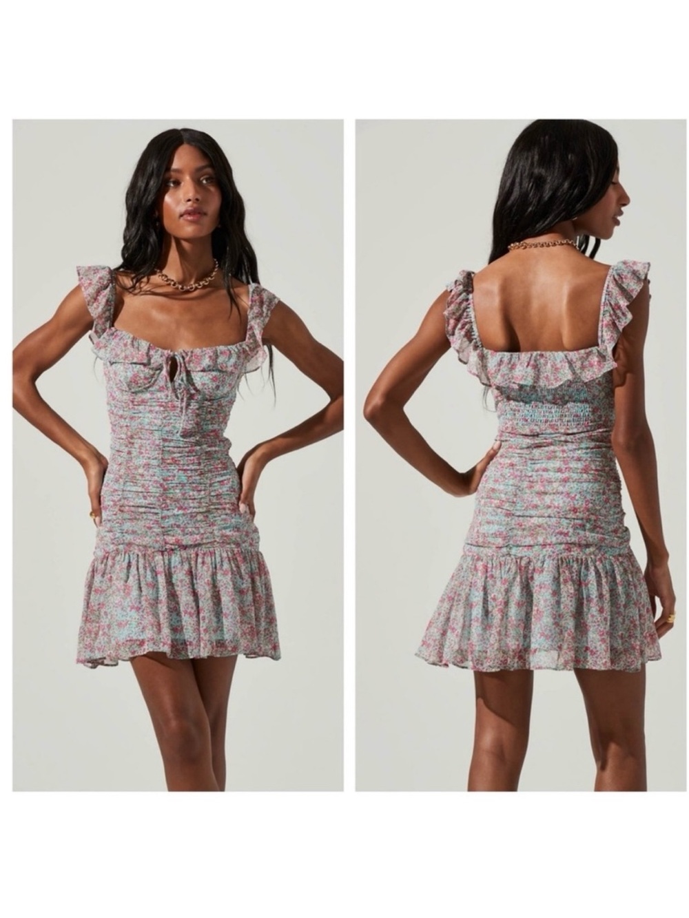 Astr Pink & Green Floral Smocked Ruffle Mini Dress